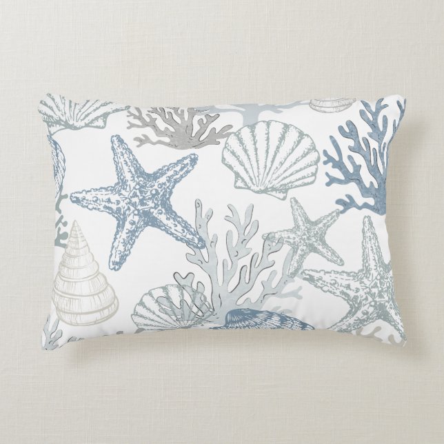 Blaue und graue Seashell Seachy Design Dekokissen (Vorderseite)