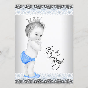 Blaue und graue Vintage Baby-Jungen-Dusche Einladung