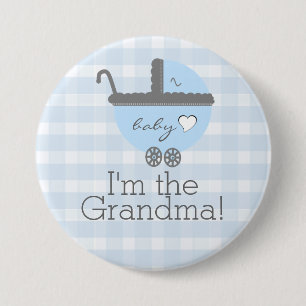 Blaue und graue Wagen-Gingham-Babyparty-Großmutte Button