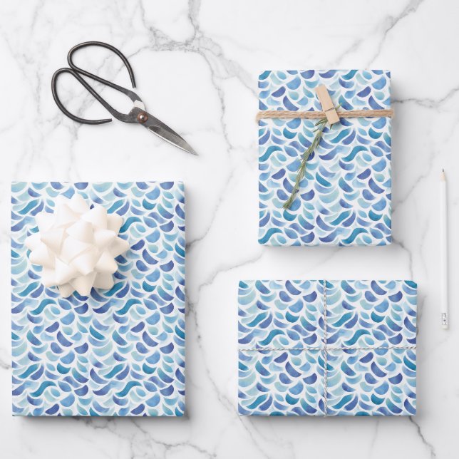 Blaue und grüne Abstrakte Muster auf Weiß Geschenkpapier Set (Vorderseite)