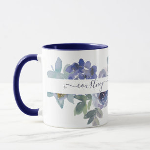 Blaue und grüne Aquarell-Blumen personalisiert Tasse