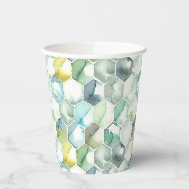 Blaue und grüne Aquarelle-Honycomb-Muster Pappbecher (Links)