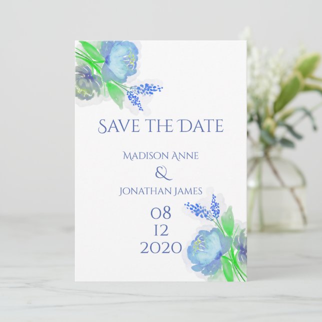 Blaue und grüne Blumen Elegante Personalisiert Hüb Save The Date (Stehend Vorderseite)