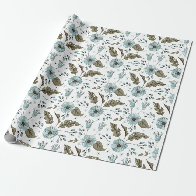Blaue und grüne Blumen Geschenkpapier (Ungerollt)