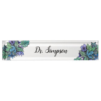 Blaue und grüne BlumenWasserfarbekunst Namensplakette