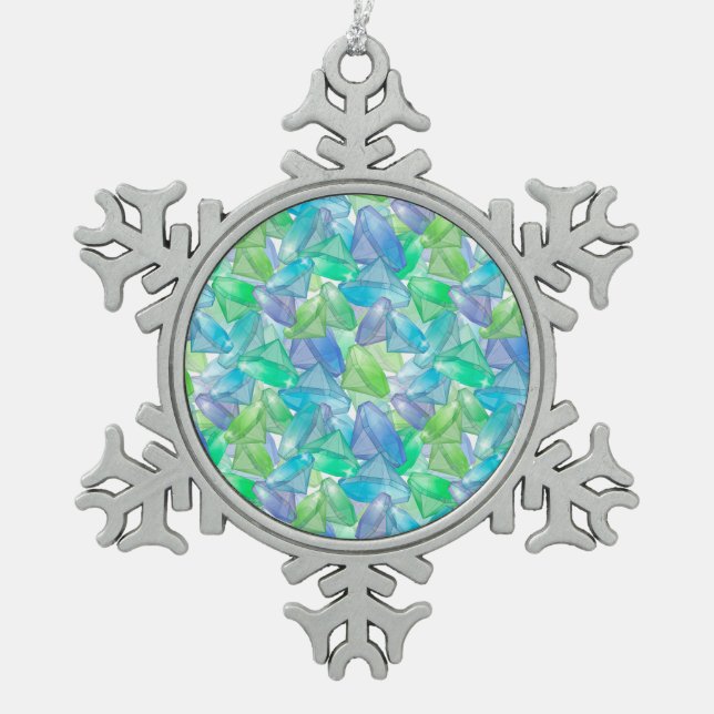 Blaue und grüne Diamanten Schneeflocken Zinn-Ornament (Vorderseite)