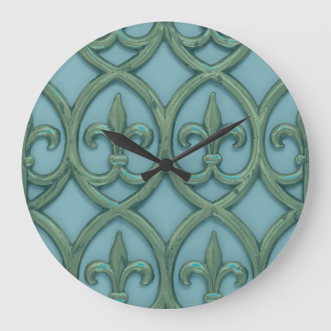 Blaue und grüne Fleur-de-lis Große Wanduhr (Vorderseite)