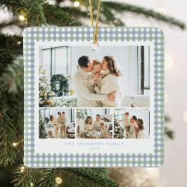 Blaue und grüne Gingham-Familienfoto-Collage Keramikornament