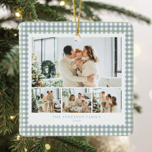 Blaue und grüne Gingham-Familienfoto-Collage Keramikornament