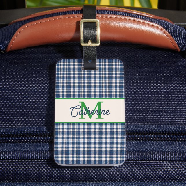 Blaue und grüne Gingham-Karo-Tartan-Monogramm Gepäckanhänger (Vorderseite Insitu 2)
