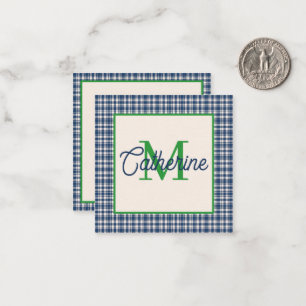 Blaue und grüne Gingham-Karo-Tartan-Monogramm Mitteilungskarte