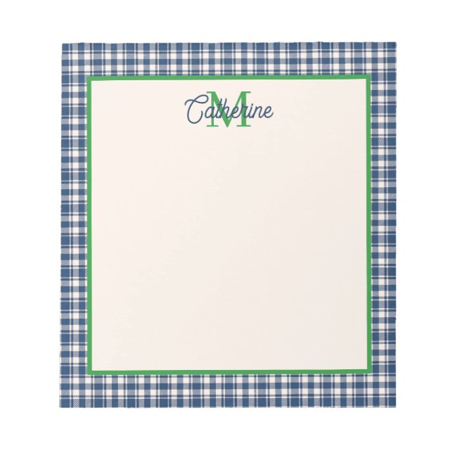 Blaue und grüne Gingham-Karo-Tartan-Monogramm Notizblock (Vorderseite)
