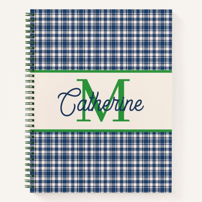 Blaue und grüne Gingham-Karo-Tartan-Monogramm Notizbuch (Vorderseite)