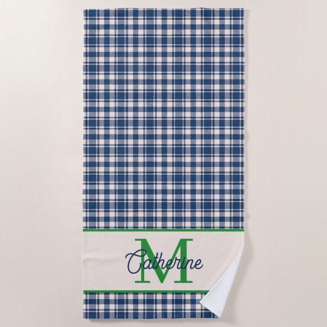 Blaue und grüne Gingham-Karo-Tartan-Monogramm Strandtuch (Vorderseite)