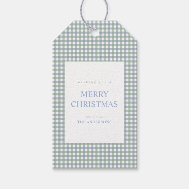 Blaue und grüne Gingham-Weihnachten Geschenkanhänger (Vorderseite)