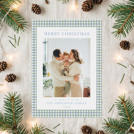 Blaue und grüne Gingham-Weihnachtsfoto Feiertagskarte
