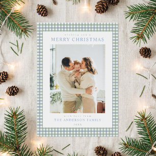 Blaue und grüne Gingham-Weihnachtsfoto Feiertagskarte