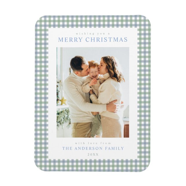 Blaue und grüne Gingham-Weihnachtsfoto Magnet (Vertikal)
