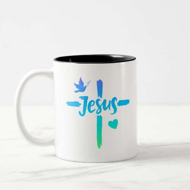 Blaue und grüne Gradienten Jesus kreuzen Christlic Zweifarbige Tasse (Links)