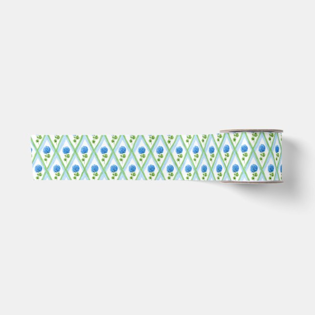 Blaue und grüne Grandmillenial Hydrangea Ditsy Satinband (Vorderseite)