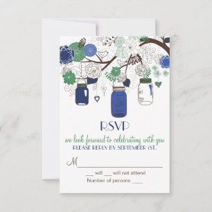 Blaue und grüne Mason-Gläser RSVP Hochzeits-Einlad Karte