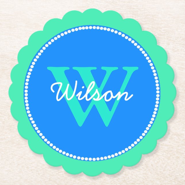 Blaue und grüne mit Monogramm PapierUntersetzer Untersetzer (Vorderseite)