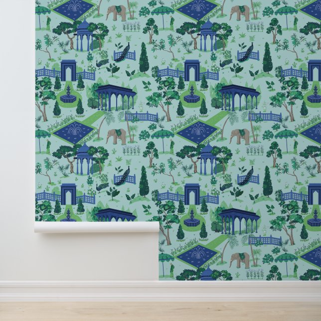 Blaue und grüne Mughal-Gartenmuster Tapete (Anwendung)