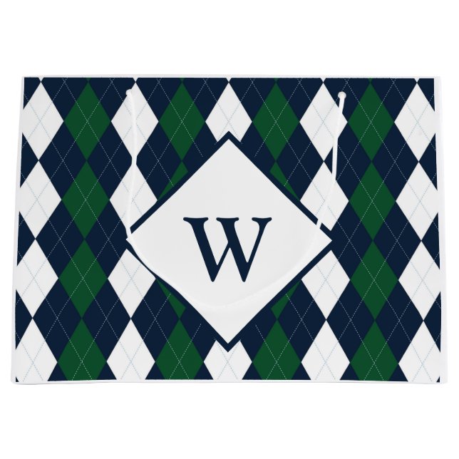 Blaue und grüne Raute Mit Monogramm große Geschenk Geschenktüte (Vorderseite)