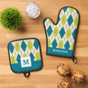 Blaue und grüne Raute Ofenhandschuh & Topflappen-Set