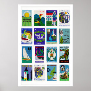 Blaue und grüne Streichholzschachtel-Etiketten-Col Poster