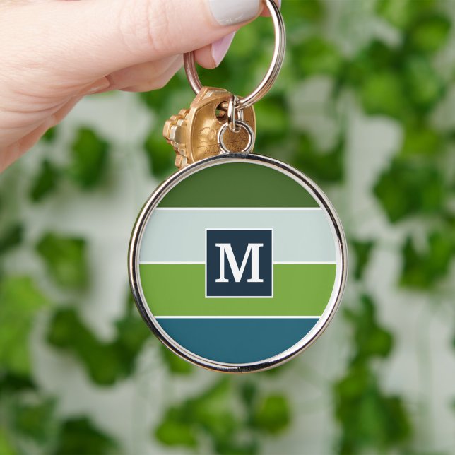 Blaue und grüne Streifen mit Monogram Schlüsselanhänger (blue and green keychain with monogram)
