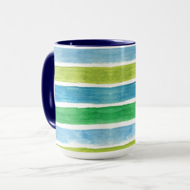 Blaue und grüne Streifen Wasserfarbe Tasse (Vorderseite Links)