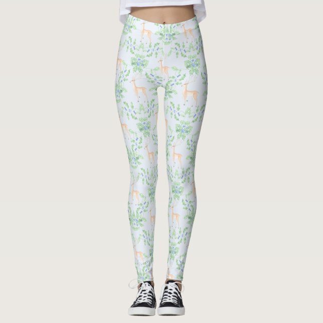 Blaue und grüne Trellis mit Hirsch Leggings (Vorderseite)