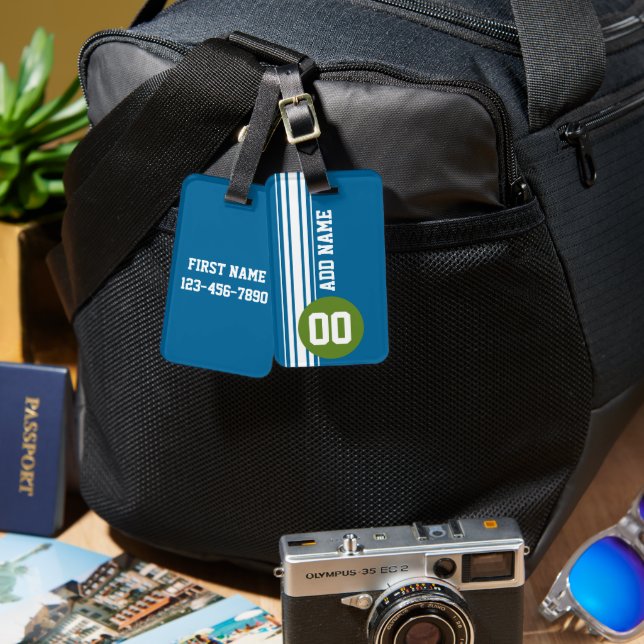 Blaue und grüne Vintage Rennstreifen Gepäckanhänger (Vorderseite & Rückseite)