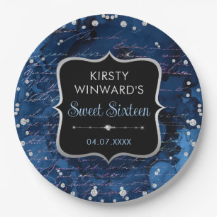 Blaue und irisierende Glitter-Buchstaben Sweet 16 Pappteller