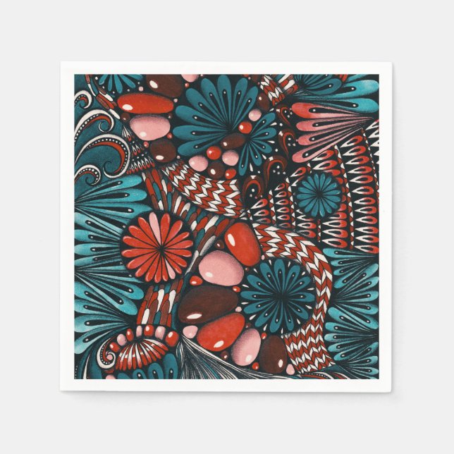 Blaue und korallenrote abstrakte 3D-Zentangle-Must Serviette (Vorderseite)