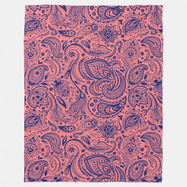 Blaue und korallenrote Paisley Fleecedecke (Vorderseite)