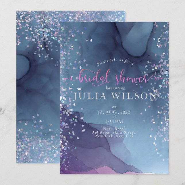 Blaue und lila Alkoholfarbe mit mystischer Glitzer Einladung (Vorne/Hinten)