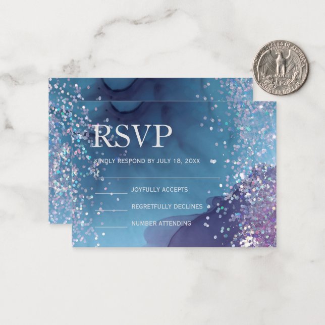 Blaue und lila Alkoholfarbe mit mystischer Glitzer Mitteilungskarte (Vorderseite/Rückseite Beispiel)