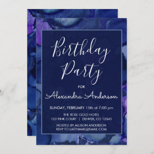 Blaue und Lila Aquarelltinte jeden Geburtstag Einladung