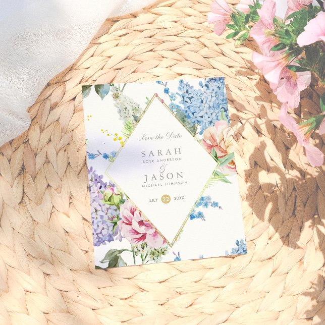 Blaue und Lila Blume | SAVE THE DATE Ankündigungspostkarte (Von Creator hochgeladen)