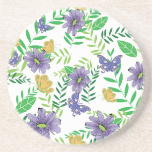 Blaue und lila Blumen mit Schmetterlingen Getränkeuntersetzer