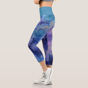 Blaue und Lila Flüssige Wasserfarbenlackierung Capri Leggings