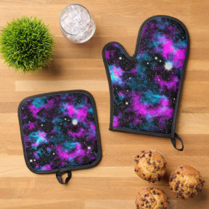 Blaue und Lila Galaxie Ofenhandschuh & Topflappen-Set