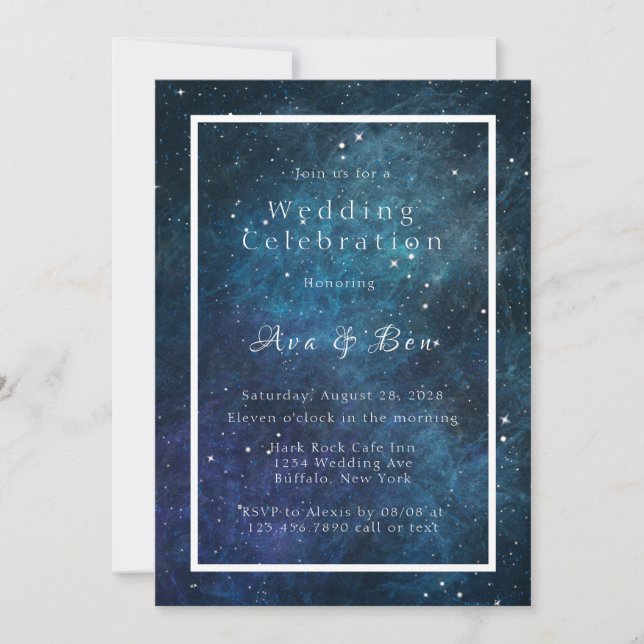 Blaue und Lila Galaxy Space Hochzeit Einladung (Vorderseite)