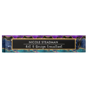 Blaue und Lila Glitzer Peacock Agate Square Namensplakette