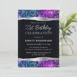 Blaue und Lila Mermaid Sequins 21. Geburtstag Einladung