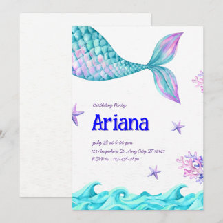 Blaue und Lila Minimalistische Mermaid Geburtstags Einladung
