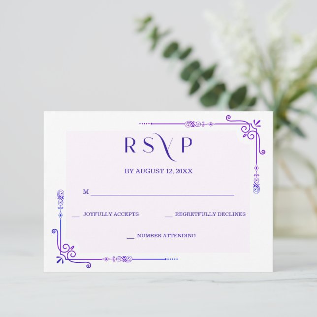Blaue und Lila Orchid-Hochzeit RSVP Karte (Stehend Vorderseite)