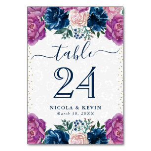 Blaue und lila Sommerblumen-Hochzeit Tischnummer